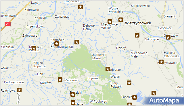 mapa Jadowniki Mokre gmina Wietrzychowice, Jadowniki Mokre gmina Wietrzychowice na mapie Targeo