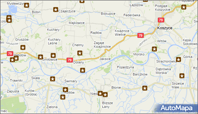 mapa Jaksice gmina Koszyce, Jaksice gmina Koszyce na mapie Targeo