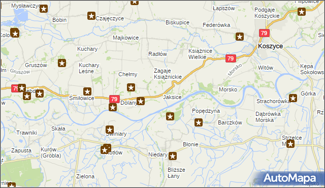 mapa Jaksice gmina Koszyce, Jaksice gmina Koszyce na mapie Targeo