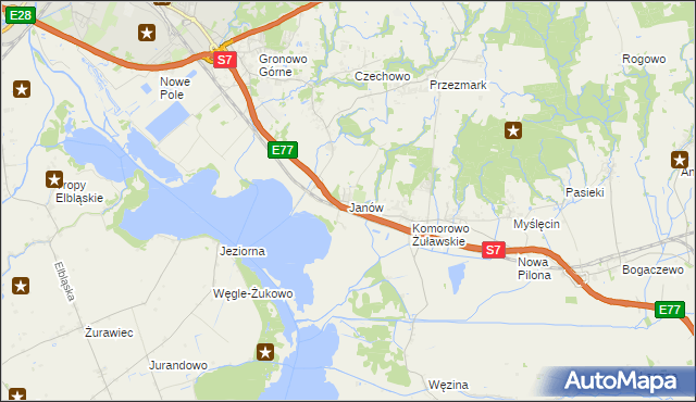 mapa Janów gmina Elbląg, Janów gmina Elbląg na mapie Targeo