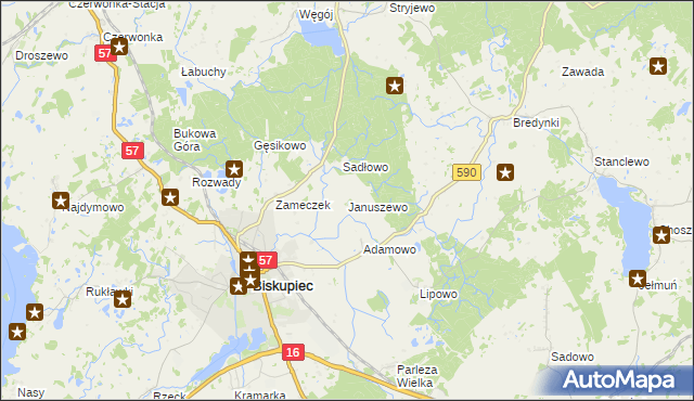 mapa Januszewo gmina Biskupiec, Januszewo gmina Biskupiec na mapie Targeo