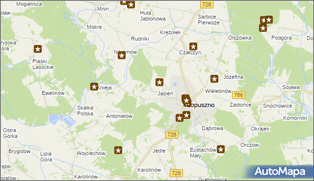 mapa Jasień gmina Łopuszno, Jasień gmina Łopuszno na mapie Targeo