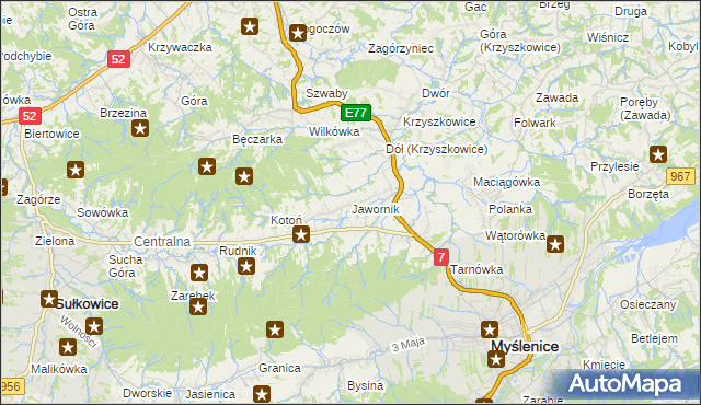 mapa Jawornik gmina Myślenice, Jawornik gmina Myślenice na mapie Targeo