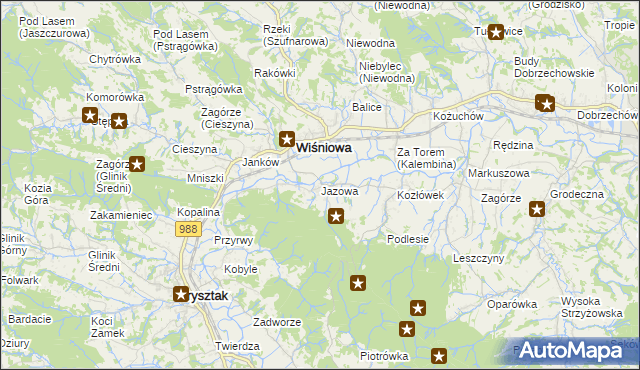 mapa Jazowa gmina Wiśniowa, Jazowa gmina Wiśniowa na mapie Targeo