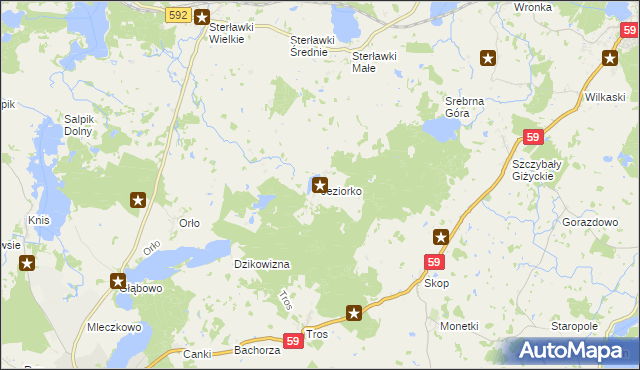 mapa Jeziorko gmina Ryn, Jeziorko gmina Ryn na mapie Targeo