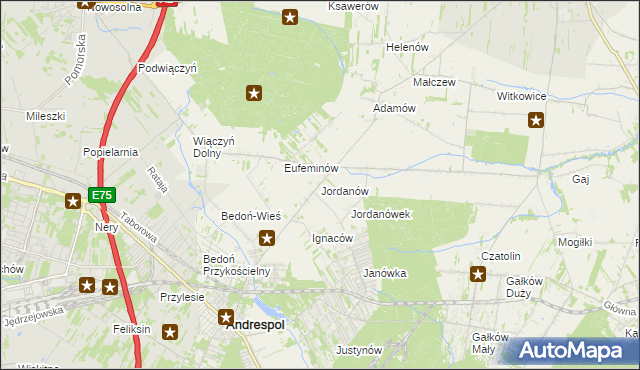 mapa Jordanów gmina Brzeziny, Jordanów gmina Brzeziny na mapie Targeo