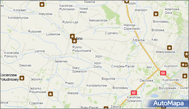 mapa Józin gmina Rybno, Józin gmina Rybno na mapie Targeo