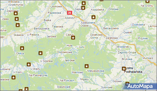 mapa Jurki gmina Maków Podhalański, Jurki gmina Maków Podhalański na mapie Targeo