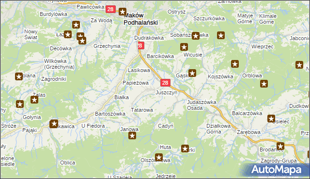 mapa Juszczyn gmina Maków Podhalański, Juszczyn gmina Maków Podhalański na mapie Targeo