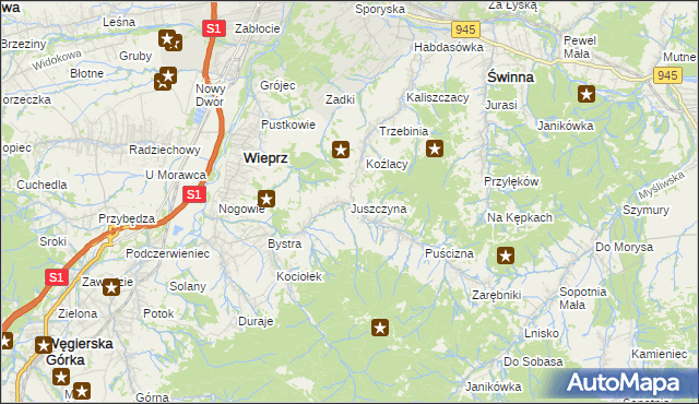 mapa Juszczyna, Juszczyna na mapie Targeo