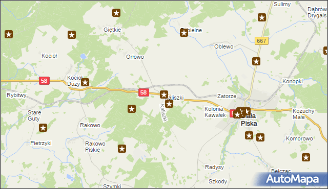 mapa Kaliszki gmina Biała Piska, Kaliszki gmina Biała Piska na mapie Targeo