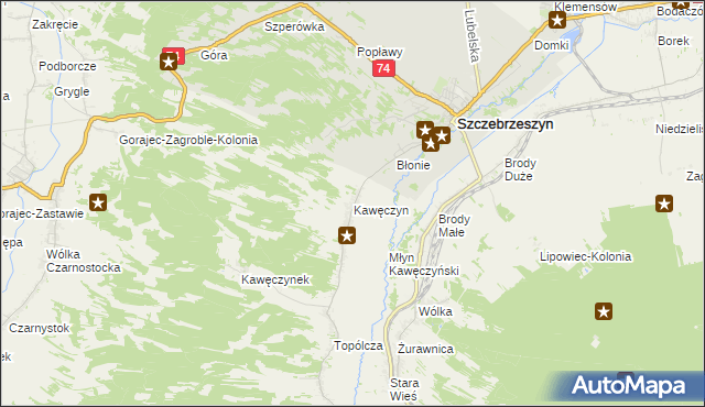 mapa Kawęczyn gmina Szczebrzeszyn, Kawęczyn gmina Szczebrzeszyn na mapie Targeo