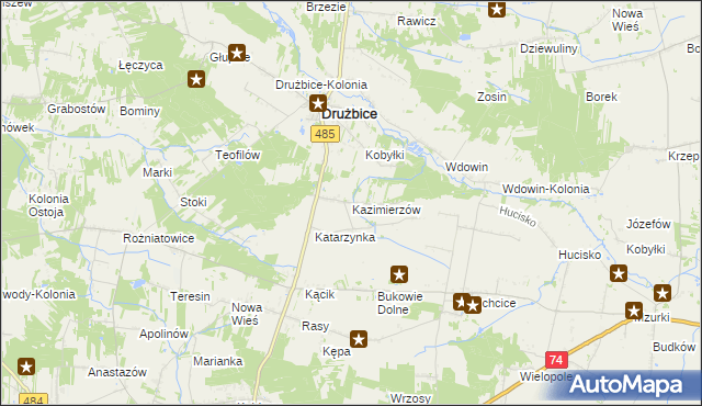 mapa Kazimierzów gmina Drużbice, Kazimierzów gmina Drużbice na mapie Targeo