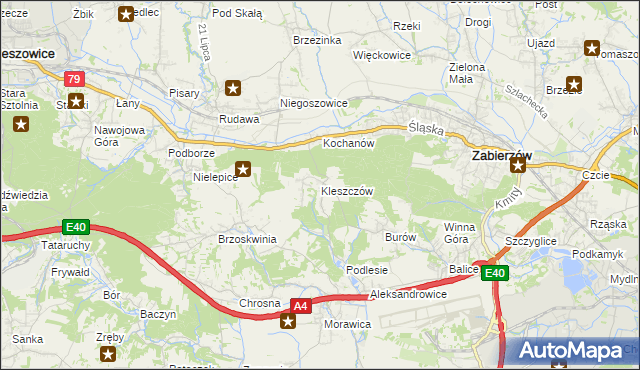 mapa Kleszczów gmina Zabierzów, Kleszczów gmina Zabierzów na mapie Targeo