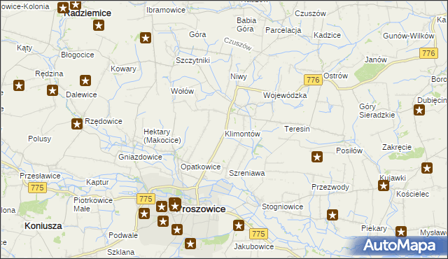 mapa Klimontów gmina Proszowice, Klimontów gmina Proszowice na mapie Targeo