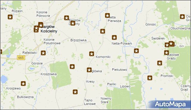 mapa Komorniki gmina Bargłów Kościelny, Komorniki gmina Bargłów Kościelny na mapie Targeo