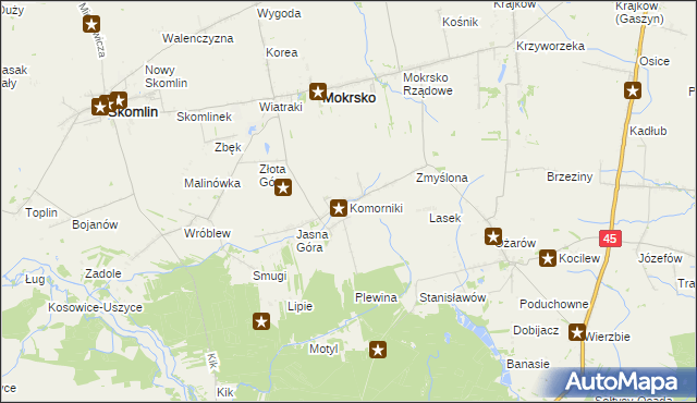 mapa Komorniki gmina Mokrsko, Komorniki gmina Mokrsko na mapie Targeo