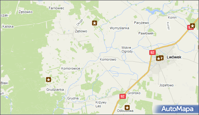 mapa Komorowo gmina Lwówek, Komorowo gmina Lwówek na mapie Targeo