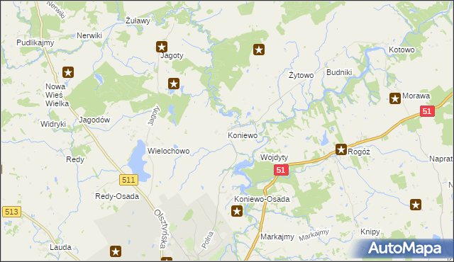mapa Koniewo gmina Lidzbark Warmiński, Koniewo gmina Lidzbark Warmiński na mapie Targeo