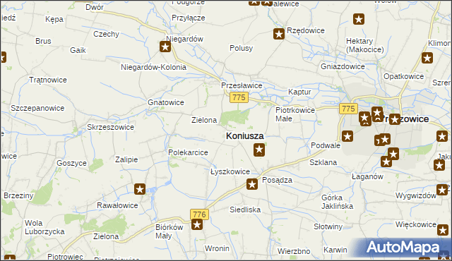 mapa Koniusza powiat proszowicki, Koniusza powiat proszowicki na mapie Targeo