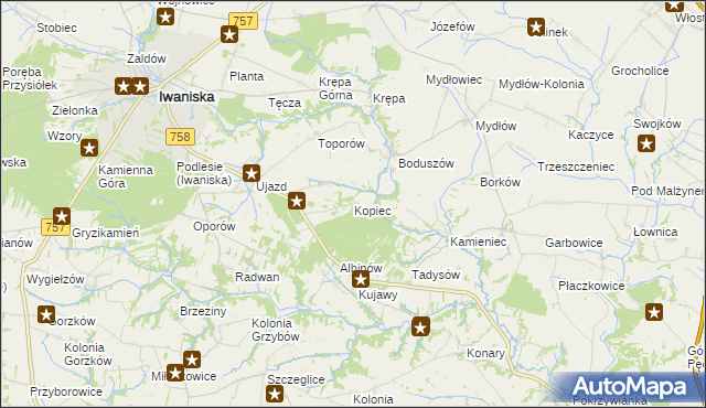 mapa Kopiec gmina Iwaniska, Kopiec gmina Iwaniska na mapie Targeo