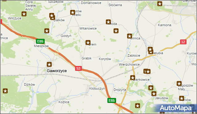 mapa Korytów gmina Gaworzyce, Korytów gmina Gaworzyce na mapie Targeo