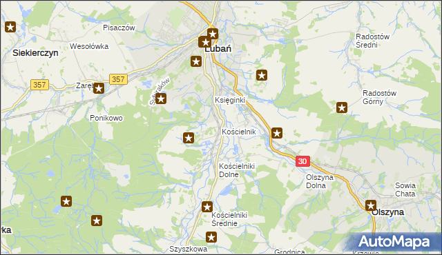 mapa Kościelnik gmina Lubań, Kościelnik gmina Lubań na mapie Targeo