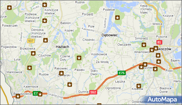 mapa Kostkowice gmina Dębowiec, Kostkowice gmina Dębowiec na mapie Targeo