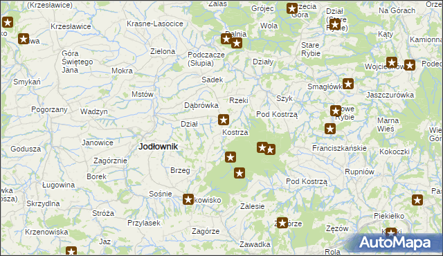 mapa Kostrza gmina Jodłownik, Kostrza gmina Jodłownik na mapie Targeo