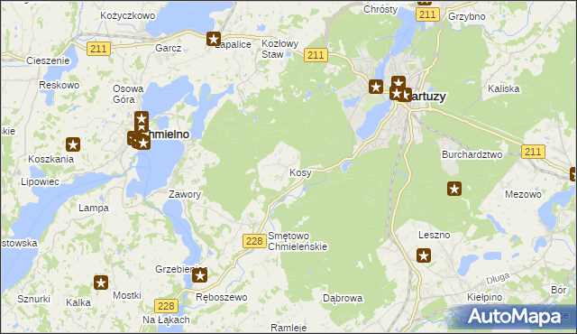 mapa Kosy gmina Kartuzy, Kosy gmina Kartuzy na mapie Targeo