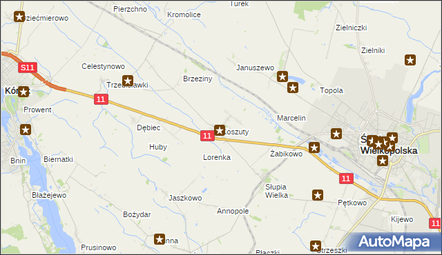 mapa Koszuty gmina Środa Wielkopolska, Koszuty gmina Środa Wielkopolska na mapie Targeo