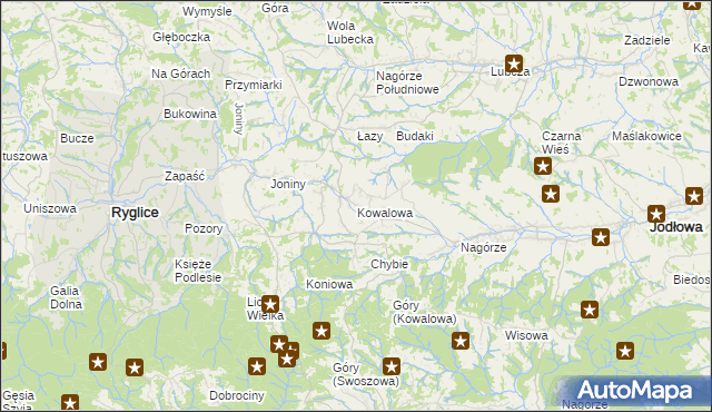 mapa Kowalowa gmina Ryglice, Kowalowa gmina Ryglice na mapie Targeo