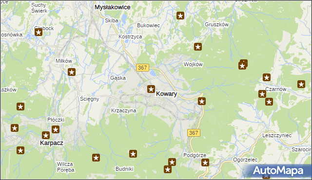 mapa Kowary powiat jeleniogórski, Kowary powiat jeleniogórski na mapie Targeo