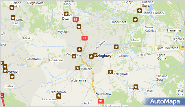 mapa Koziegłowy powiat myszkowski, Koziegłowy powiat myszkowski na mapie Targeo