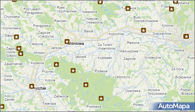 mapa Kozłówek gmina Wiśniowa, Kozłówek gmina Wiśniowa na mapie Targeo