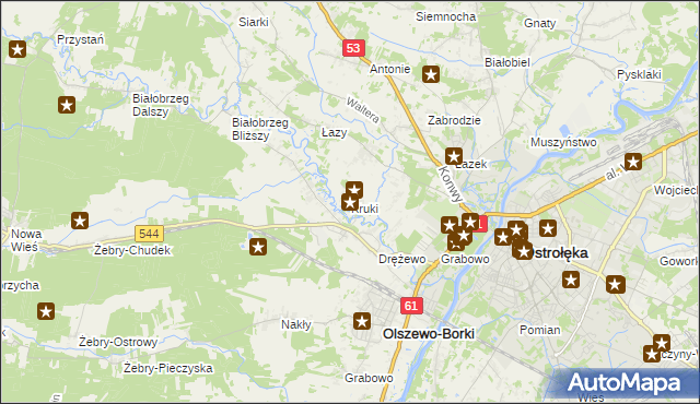 mapa Kruki gmina Olszewo-Borki, Kruki gmina Olszewo-Borki na mapie Targeo