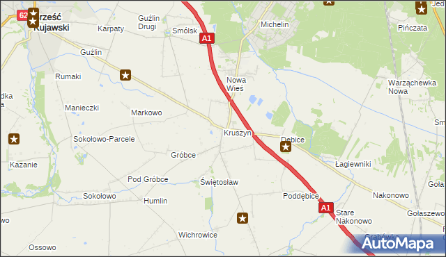 mapa Kruszyn gmina Włocławek, Kruszyn gmina Włocławek na mapie Targeo