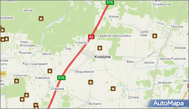 mapa Kruszyna powiat częstochowski, Kruszyna powiat częstochowski na mapie Targeo