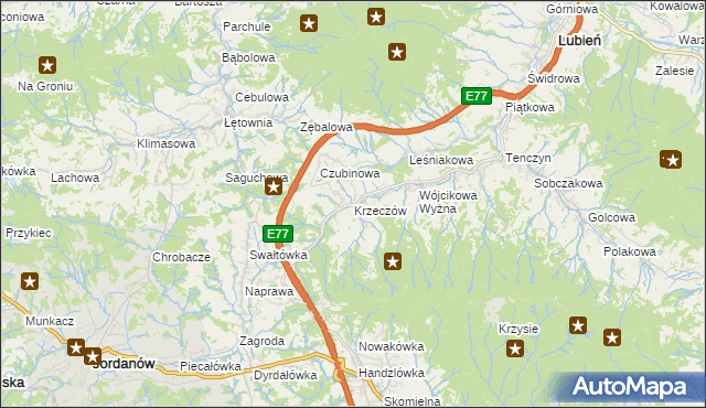 mapa Krzeczów gmina Lubień, Krzeczów gmina Lubień na mapie Targeo