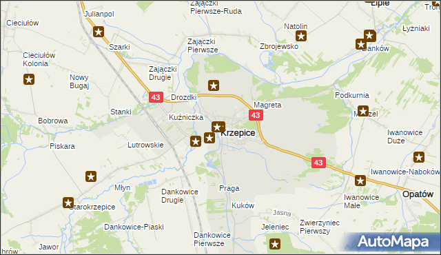 mapa Krzepice powiat kłobucki, Krzepice powiat kłobucki na mapie Targeo