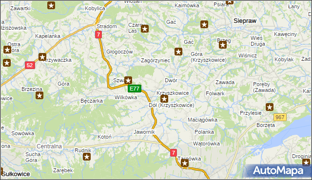 mapa Krzyszkowice gmina Myślenice, Krzyszkowice gmina Myślenice na mapie Targeo