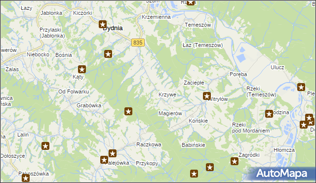 mapa Krzywe gmina Dydnia, Krzywe gmina Dydnia na mapie Targeo