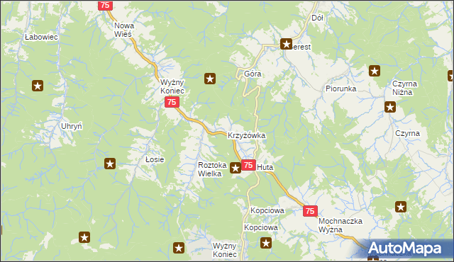 mapa Krzyżówka gmina Łabowa, Krzyżówka gmina Łabowa na mapie Targeo