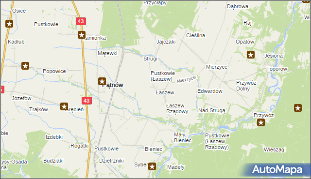 mapa Łaszew gmina Wierzchlas, Łaszew gmina Wierzchlas na mapie Targeo