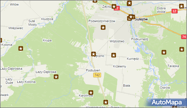 mapa Łęczno gmina Sulejów, Łęczno gmina Sulejów na mapie Targeo