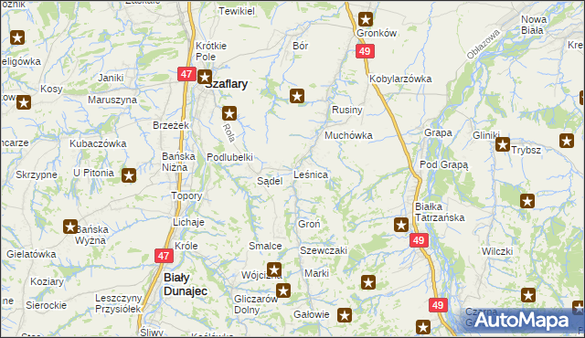 mapa Leśnica gmina Bukowina Tatrzańska, Leśnica gmina Bukowina Tatrzańska na mapie Targeo