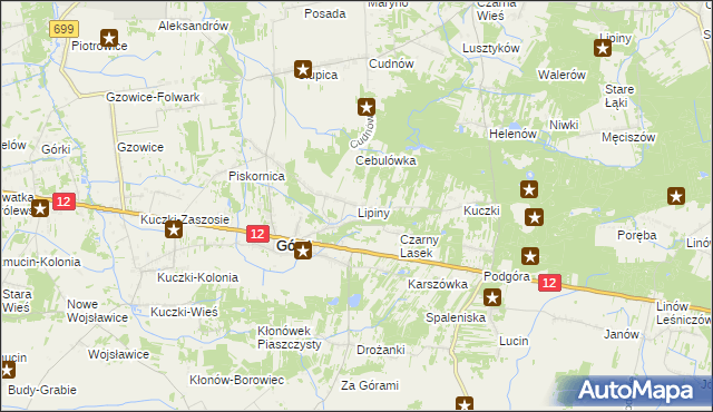 mapa Lipiny gmina Gózd, Lipiny gmina Gózd na mapie Targeo