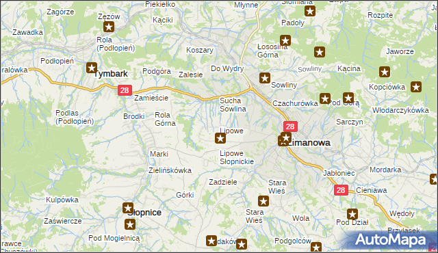 mapa Lipowe gmina Limanowa, Lipowe gmina Limanowa na mapie Targeo