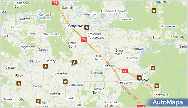mapa Lisie Jamy gmina Mniów, Lisie Jamy gmina Mniów na mapie Targeo