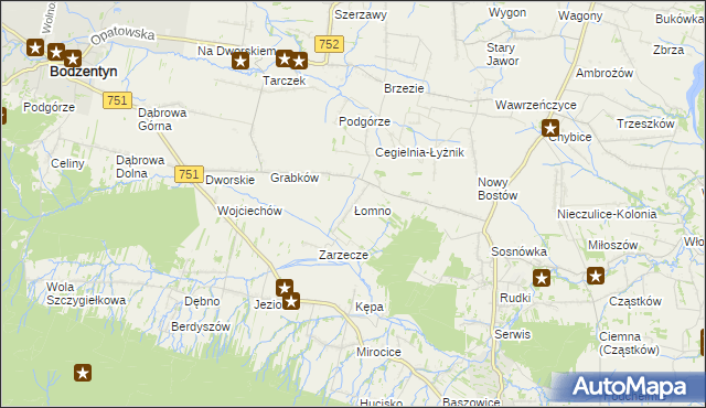 mapa Łomno gmina Pawłów, Łomno gmina Pawłów na mapie Targeo